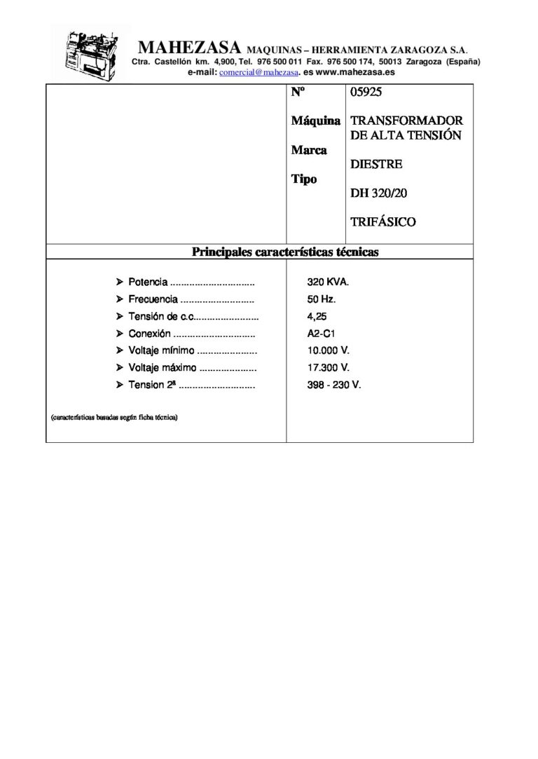 TRANSFORMADOR ALTA TENSION 320 KVA. 05925