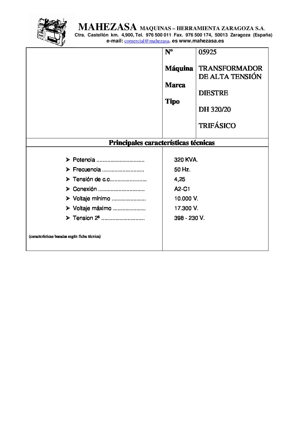 TRANSFORMADOR ALTA TENSION 320 KVA. 05925